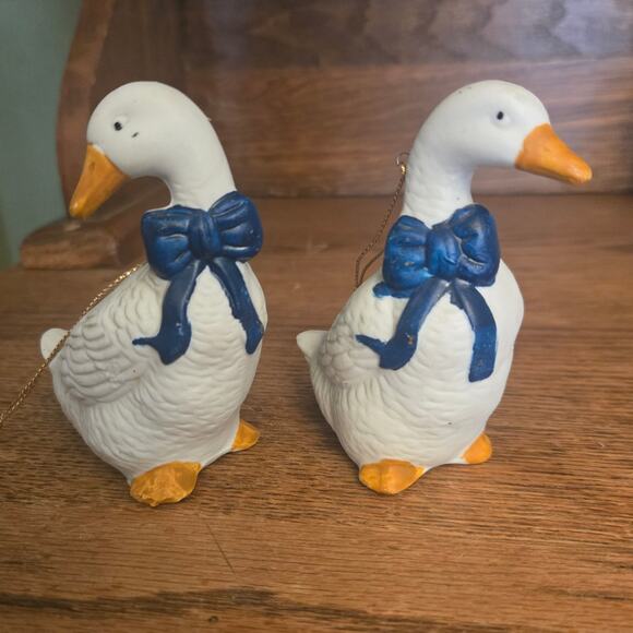 Unknown Other - Vintage Country Geese Goose Ornaments Blue Ribbon Set Of 2 VTG Porcelain Decor